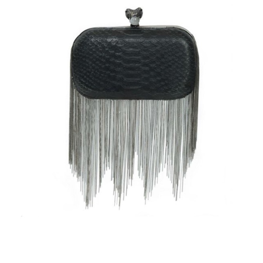 House of Harlow 1960 Black Fringe Python-Texture Clutch